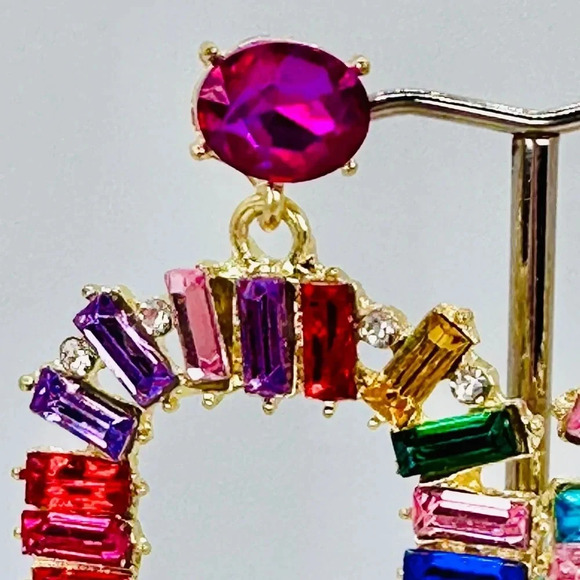 Glam Rhinestone Statement Earrings Colorful Baguette Dangle Rainbow Brig… - Picture 3 of 10